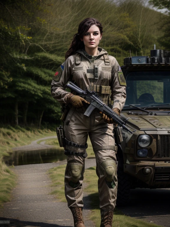 Ultra realistic, highly detailed, 8K, 1 irish woman, irish ethnic, a futuristic-looking female military commander with a fantastic face, wearing a pair of ((iron grey gloves)) and ((brown military boots)), dressed in ((brown FROG suit)), standing in ireland, holding weapon, holding gun, rifle, handgun, assault rifle, wearing Tactical, face focus, UHD, anatomically correct, best quality, masterpiece, full body panel, ireland flag in background, perfect background 