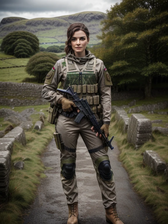 Ultra realistic, highly detailed, 8K, 1 irish woman, irish ethnic, a futuristic-looking female military commander with a fantastic face, wearing a pair of ((iron grey gloves)) and ((brown military boots)), dressed in ((brown FROG suit)), standing in ireland, holding weapon, holding gun, rifle, handgun, assault rifle, wearing Tactical, face focus, UHD, anatomically correct, best quality, masterpiece, full body panel, ireland flag in background, perfect background 