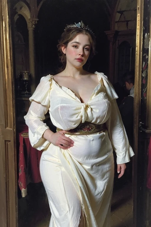 (Masterpiece), (detailed), (high quality), medieval painting of elven pudgy princess, big hips and thighs, fat lower body, white dress, chubby