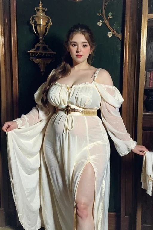 (Masterpiece), (detailed), (high quality), medieval painting of elven pudgy princess, big hips and thighs, fat lower body, white dress, chubby