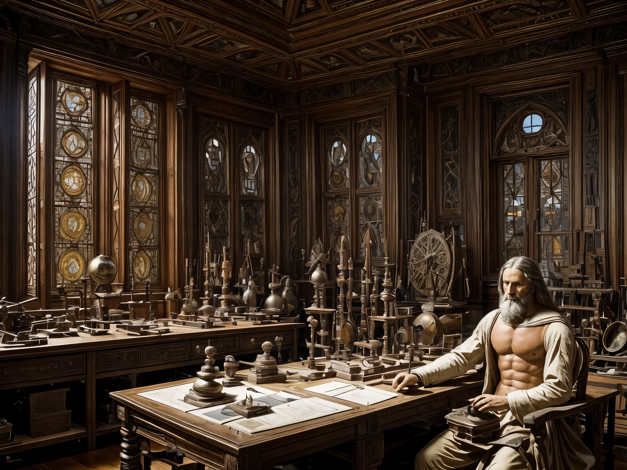 Leonardo da Vinci, the Italian polymath, sitting in a dimly lit studio, surrounded by various contraptions and inventions that he has designed during the Renaissance period. He appears deep in thought, his brow furrowed as he contemplates the intricacies of his latest invention. The room is adorned with sketches of flying machines, maps of underwater cities, and detailed anatomical drawings, all of which showcase his unwavering curiosity and desire for knowledge. A model of a human heart, constructed from bronze and intricately designed, sits on a nearby workbench, a testament to his revolutionary approach to understanding the human body. Despite the chaos that surrounds him, there is an air of serenity in the studio, as if da Vinci has found harmony in his pursuit of understanding the world around him. In the background, a large window casts a warm, golden light on the floor, illuminating a small garden where flowers and vegetables grow in harmony, symbolizing the balance that da Vinci strives to achieve between art and science, nature and technology, in this era of great revolution.
