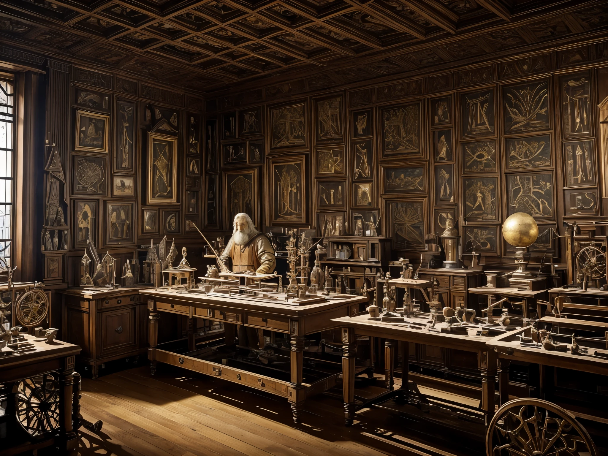 Leonardo da Vinci, the Italian polymath, sitting in a dimly lit studio, surrounded by various contraptions and inventions that he has designed during the Renaissance period. He appears deep in thought, his brow furrowed as he contemplates the intricacies of his latest invention. The room is adorned with sketches of flying machines, maps of underwater cities, and detailed anatomical drawings, all of which showcase his unwavering curiosity and desire for knowledge. A model of a human heart, constructed from bronze and intricately designed, sits on a nearby workbench, a testament to his revolutionary approach to understanding the human body. Despite the chaos that surrounds him, there is an air of serenity in the studio, as if da Vinci has found harmony in his pursuit of understanding the world around him. In the background, a large window casts a warm, golden light on the floor, illuminating a small garden where flowers and vegetables grow in harmony, symbolizing the balance that da Vinci strives to achieve between art and science, nature and technology, in this era of great revolution.