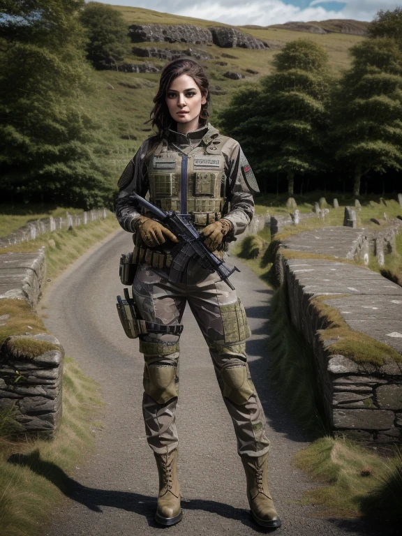 Ultra realistic, highly detailed, 8K, 1 irish woman, irish ethnic, a futuristic-looking female military commander with a fantastic face, wearing a pair of ((iron grey gloves)) and ((brown military boots)), dressed in ((brown FROG suit)), standing in ireland, holding weapon, holding gun, rifle, handgun, assault rifle, wearing Tactical, face focus, UHD, anatomically correct, best quality, masterpiece, full body panel, ireland flag in background, perfect background 