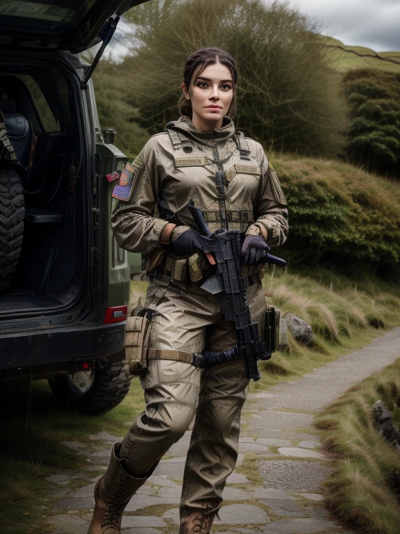 Ultra realistic, highly detailed, 8K, 1 irish woman, irish ethnic, a futuristic-looking female military commander with a fantastic face, wearing a pair of ((iron grey gloves)) and ((brown military boots)), dressed in ((brown FROG suit)), standing in ireland, holding weapon, holding gun, rifle, handgun, assault rifle, wearing Tactical, face focus, UHD, anatomically correct, best quality, masterpiece, full body panel, ireland flag in background, perfect background