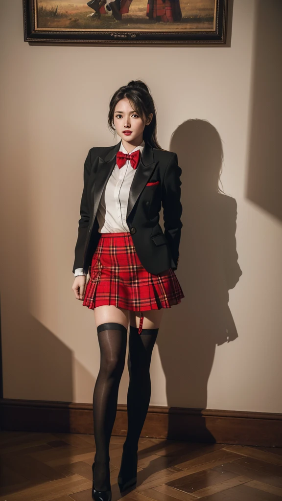 (8k, RAW Photos, highest quality, masterpiece: 1.2), Super detailed, Super Resolution, (Genuine, Genuine photos: 1.37), Red tartan mini skirt,Red blazer,Black tie,Black Stockings,Low heels,