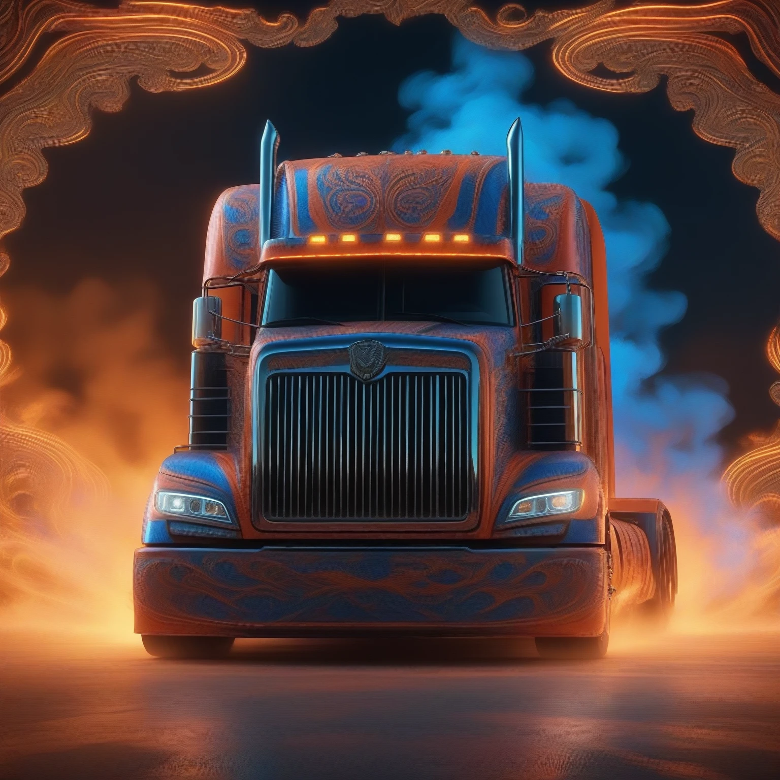 Words: " Truckers  Rule " on an symetrical 18-wheeler big truck, words: " Truckers  Rule " in background, beautiful, ornate, intricate details, spirals, smoke, unreal engine, octane rendering, cinematic, Full-length view, neon lighting,  realistic rendering, symetrical, glowing aura, 8k ultra realistic, red orange  blue flames, beveled borders diamond swirling effect deepbeveling 