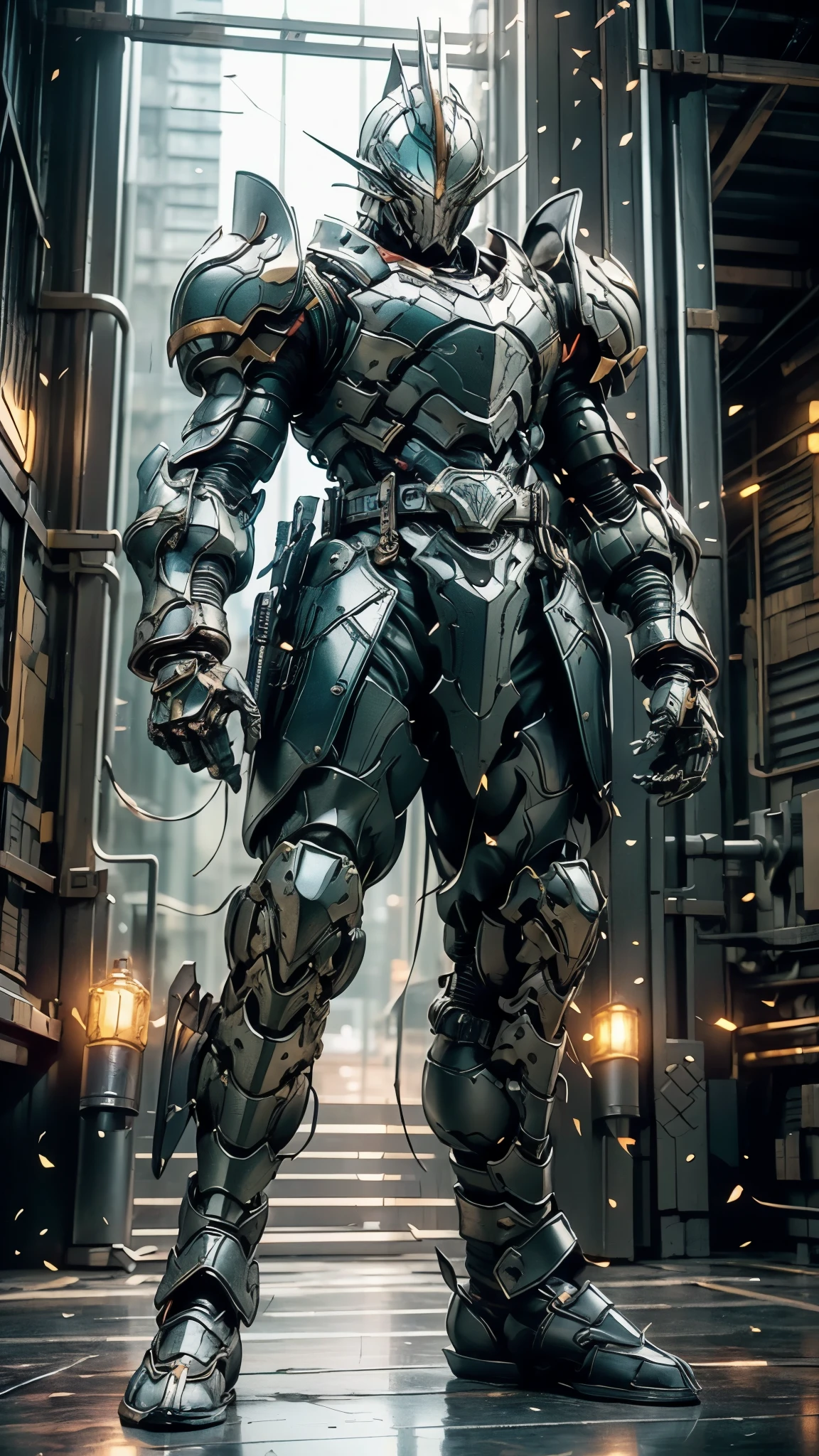 A man wearing a full-face helmet, a fantasy-style biotech armored combat suit, green eyes, (a composite layered chest armor), fully enclosed shoulder guards, matching arm and leg guards, the belt is adorned with fangs biting into gem, (the color scheme is primarily black with red accents), the design balances heavy with agility, a high-tech bio-mecha armor, (Armor Concept Inspired by Wolf, stand on the top of a skyscraper in a futuristic sci-fi city), this character embodies a finely crafted fantasy-surreal style armored hero in anime style, exquisite and mature manga art style, (element, plasma, energy, the armor glows), ((male:1.5)), metallic, real texture material, dramatic, high definition, best quality, highres, ultra-detailed, ultra-fine painting, extremely delicate, professional, perfect body proportions, golden ratio, anatomically correct, symmetrical face, extremely detailed eyes and face, high quality eyes, creativity, RAW photo, UHD, 32k, Natural light, cinematic lighting, masterpiece-anatomy-perfect, masterpiece:1.5