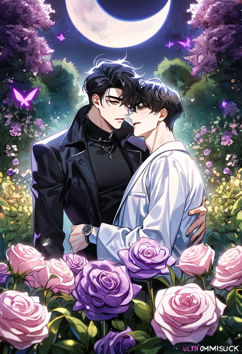 (absurdres, highres, ultra detailed, HDR) master piece, best quality, perfect face, straight black hair, Kim Dokja x Yoo Joonghyuk, expressive brown eyes, Omniscient reader's viewpoint, two sexy men together, gay couple, yaoi, handsome, moon, purple butterflies, purple roses, garden