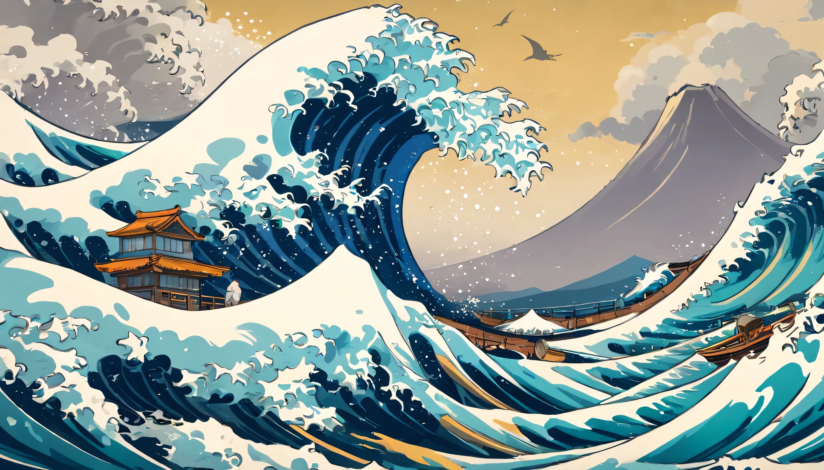there are many birds flying over a wave in the ocean, inspired by Katsushika Hokusai, inspired by Katsuchika Hokusai, inspired by Ohara Koson, inspired by Koson Ohara, japanese inspired poster, inspired by Hokusai, japanese woodblock print style, katsushika hokusai style, hokusai style Create The Great Wave off Kanagawa, Katsushika Hokusai 1829 Wall Pictures style, charcaters on the boat chalenge waves, geometric line art in the style of boho minimal, rendered in 8K resolution for high-quality detail, design fine art waves. The colors are cream, grey, cinematic ambience, storm, yellow and green