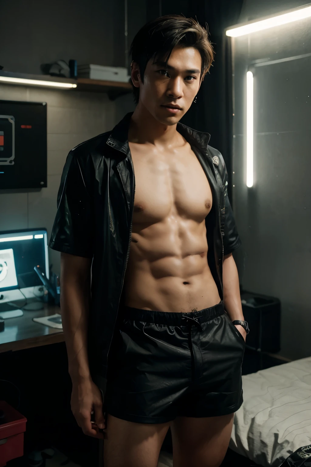 handsome young man,Take off your shirt.,Cyberpunk shorts,Asian people,teenager, cyberpunk room backdrop