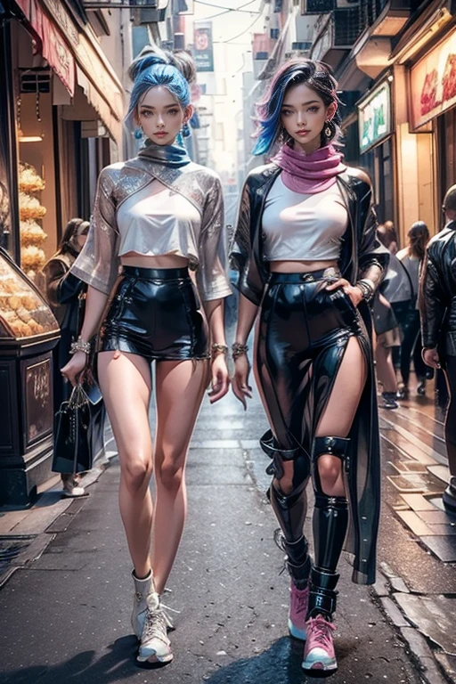 highest quality, Very detailed, masterpiece, Two women posing,(((Perfect female body))),Very beautiful face, Very beautiful body,Gentle expression, Very beautiful eyes,(Perfect Makeup:1.1),Fashion Model,Cyberpunk Fashion, Mullet Cut,Shaggy Hair,pink and blue hair:1.3, Very thin body,Smart Abs, Monogram pattern,Various gradations,army,Two-tone high-top sneakers,A kind smile,Full body portrait,(Cyber City:1.3), (Shiny skin),(Earrings),Elegant scarves,See-through shawl,