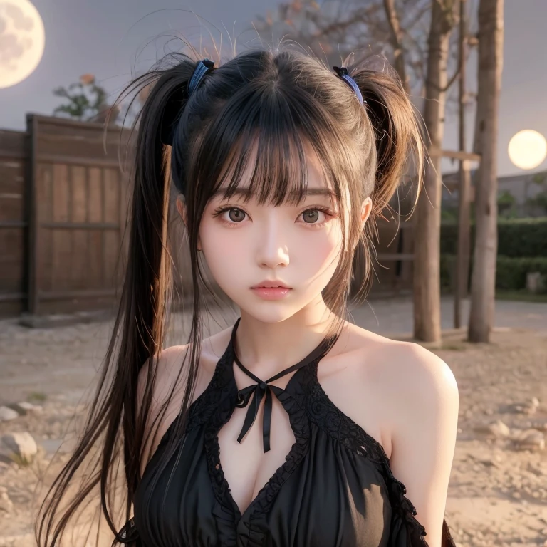 Ultra high definition、masterpiece、correct、Anatomically correct、Textured skin、Very detailed、High detail、high quality、最high quality、High resolution、8k、Surrealism、Raw photo、whole body、Beautiful age Woman、One Japanese woman、Big beautiful eyeedium chest、Black hair, semi-long, twin tails、Off the shoulder、Gothic Clothing、Standing with the full moon behind