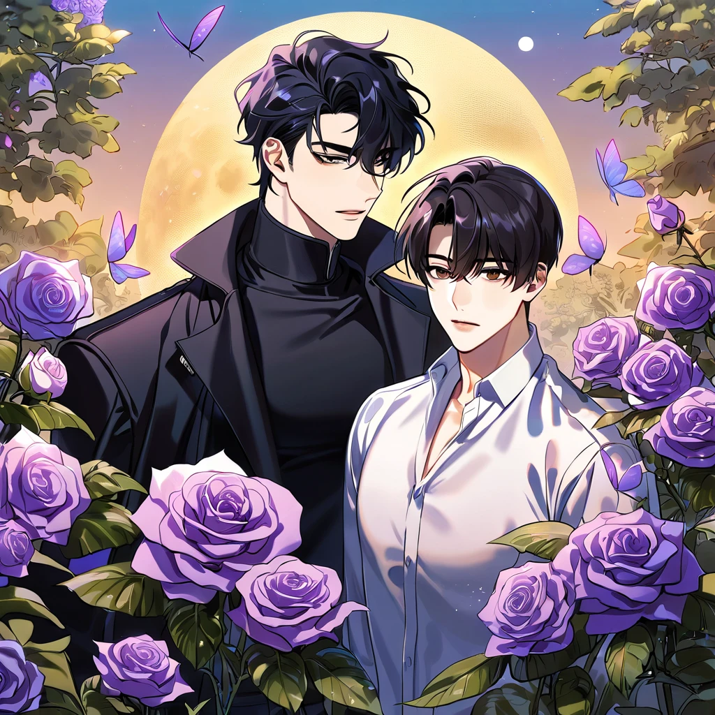 (absurdres, highres, ultra detailed, HDR) master piece, best quality, perfect face, straight black hair, Kim Dokja x Yoo Joonghyuk, expressive brown eyes, Omniscient reader's viewpoint, two sexy men together, gay couple, yaoi, handsome, moon, purple butterflies, purple roses, garden