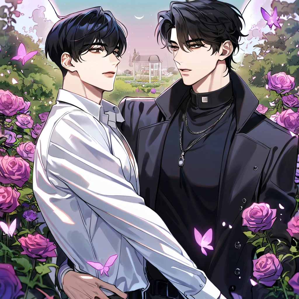 (absurdres, highres, ultra detailed, HDR) master piece, best quality, perfect face, straight black hair, Kim Dokja x Yoo Joonghyuk, expressive brown eyes, Omniscient reader's viewpoint, two sexy men together, gay couple, yaoi, handsome, moon, purple butterflies, purple roses, garden