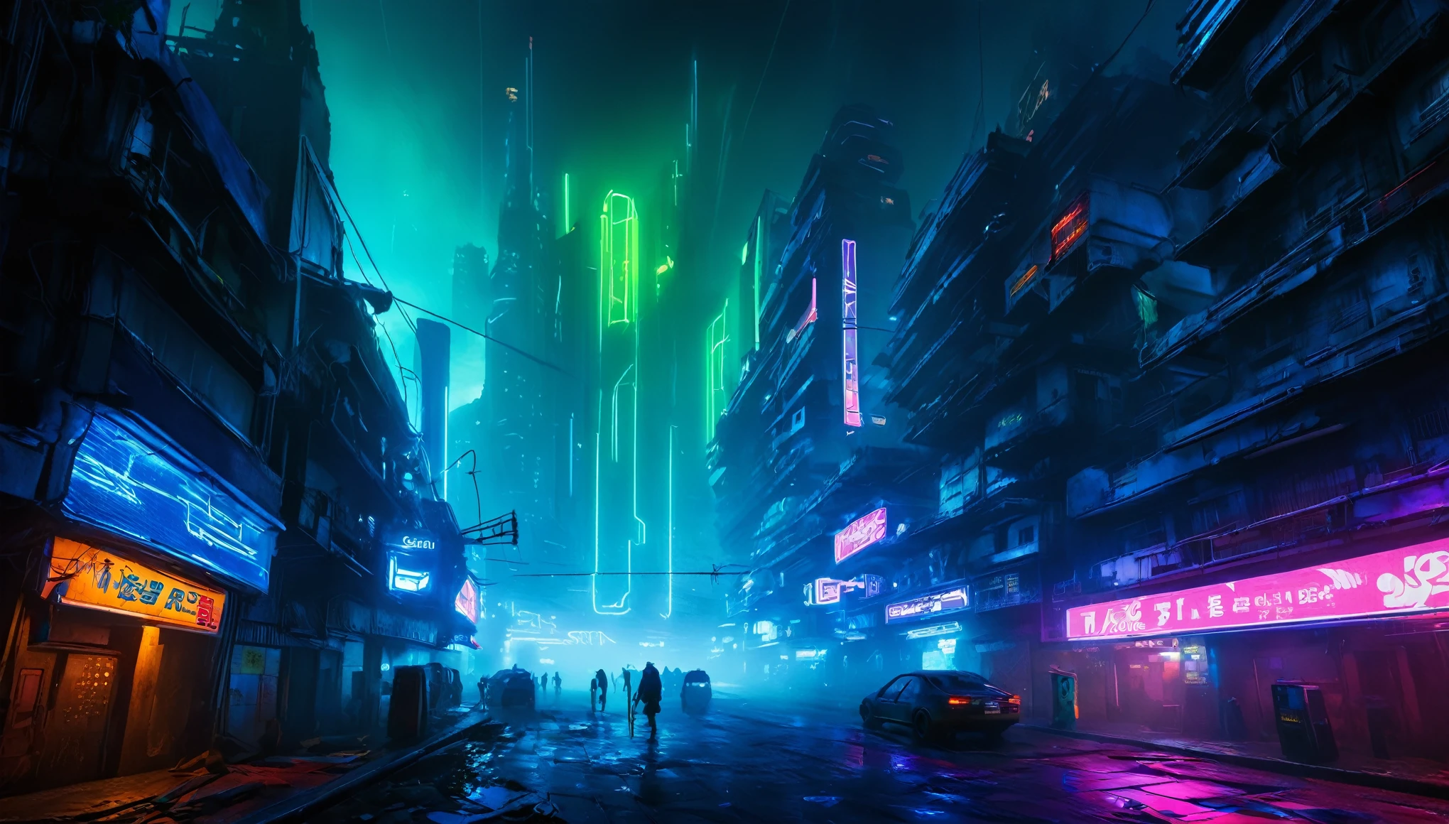 paisaje futurista oscuro, de noche, neon lights, Atmospheric fog, grandes edificios de fondo, ciudad futurista, calles sucias y concurridas con tiendas abiertas, basura en la calle, Edificios en ruinas, rascacielos (postapocalyptic city:1.3)