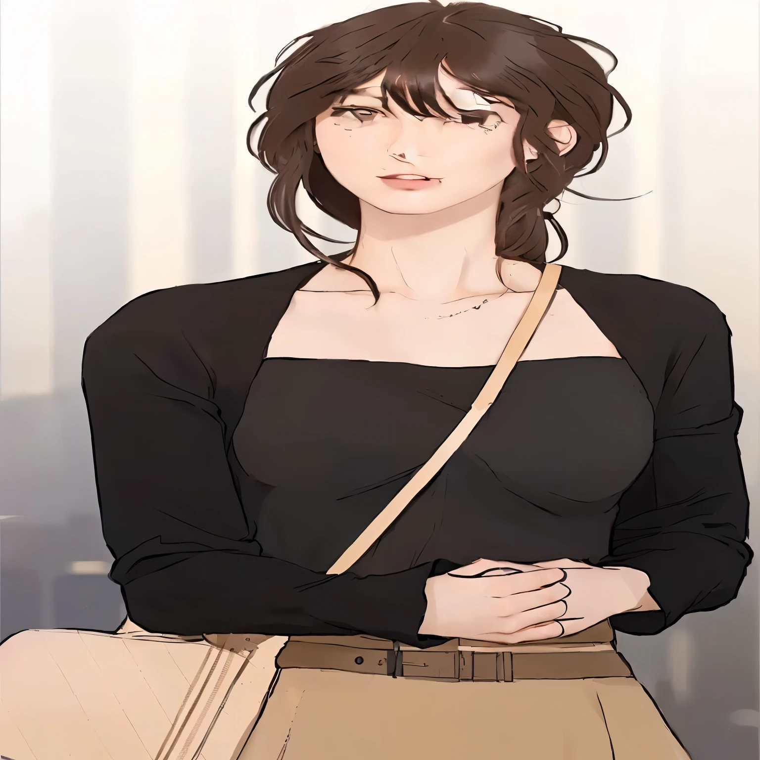 a close up of a woman in a black top and tan skirt, beautiful girl wearing a black dress, in the art style of bowater, urban girl fanart, she is wearing a black dress, elegant, delicate androgynous prince, she is wearing a black tank top
