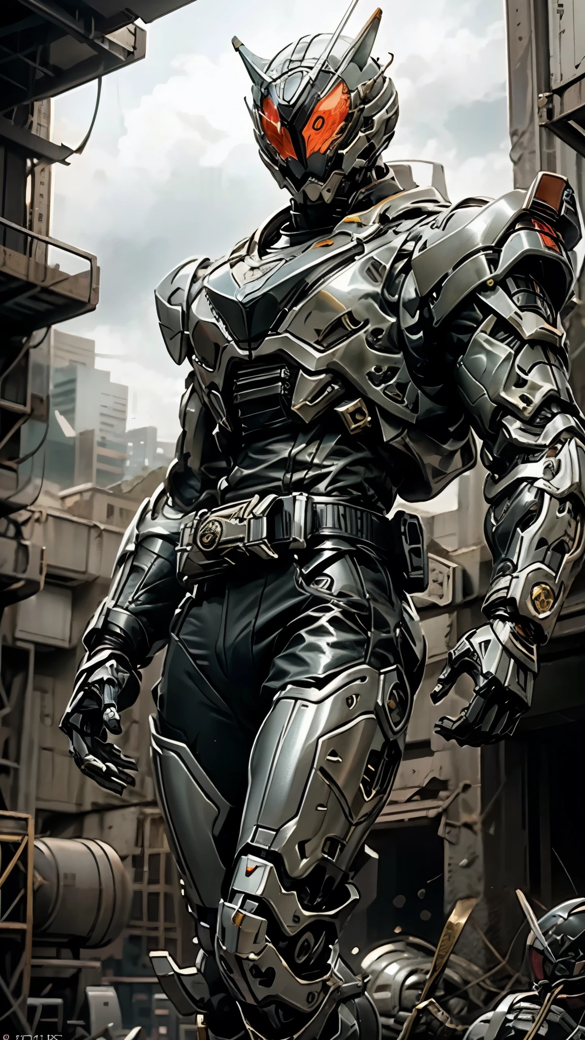 A man wearing a full-face helmet, a fantasy-style biotech armored combat suit, green eyes, (a composite layered chest armor), fully enclosed shoulder guards, matching arm and leg guards, the belt is adorned with fangs biting into gem, (the color scheme is primarily black with red accents), the design balances heavy with agility, a high-tech bio-mecha armor, (Armor Concept Inspired by Wolf, stand on the top of a skyscraper in a futuristic sci-fi city), this character embodies a finely crafted fantasy-surreal style armored hero in anime style, exquisite and mature manga art style, (element, plasma, energy, the armor glows), ((male:1.5)), metallic, real texture material, dramatic, high definition, best quality, highres, ultra-detailed, ultra-fine painting, extremely delicate, professional, perfect body proportions, golden ratio, anatomically correct, symmetrical face, extremely detailed eyes and face, high quality eyes, creativity, RAW photo, UHD, 32k, Natural light, cinematic lighting, masterpiece-anatomy-perfect, masterpiece:1.5