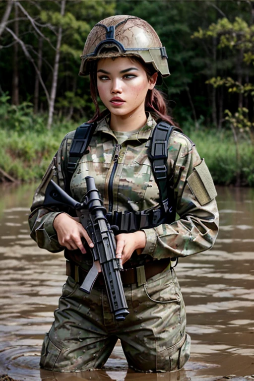 best quality, masterpiece, portrait of opt-parisberelc2020s, holding an m16 rifle, dressed in camouflage military fatigues and helmet, muddy, on muddy battlefield