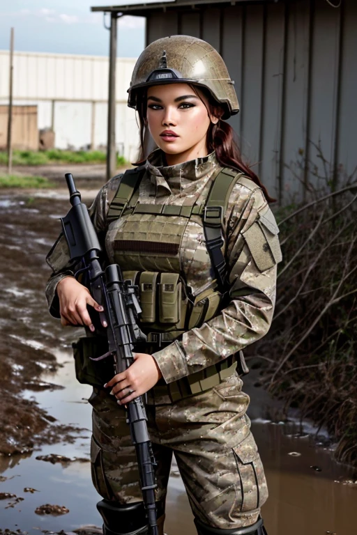 best quality, masterpiece, portrait of opt-parisberelc2020s, holding an m16 rifle, dressed in camouflage military fatigues and helmet, muddy, on muddy battlefield