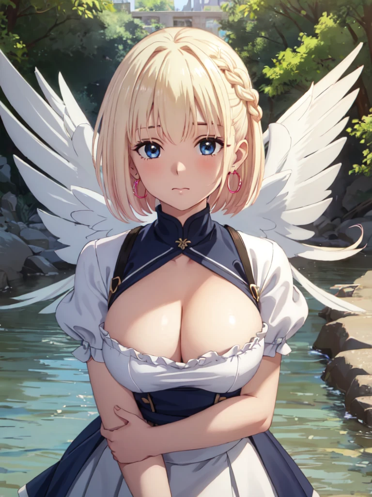 masterpiece, best quality, ultra detailed, highres, extremely detailed CG unity 8k wallpaper, perfect lighting,  very detailed background, Outdoor、beautiful and aesthetic,sharp focus, perfect face, Perfect hands、Perfect Fingers、Perfect toes、Five fingers、
Glossy blonde、blue eyes、White clothes, look down、Upper Body、Fair skin、Short Bob、Completely wet、French Braid、Blushing、Blunt bangs、Hoop Earrings、Gradient Hair、The left sideburn is longer than the right、(Hide your arms behind your body:1.2)、cleavage,cleavage cutout、(twinkle(in the eyes):1.2)、Pull up your skirt