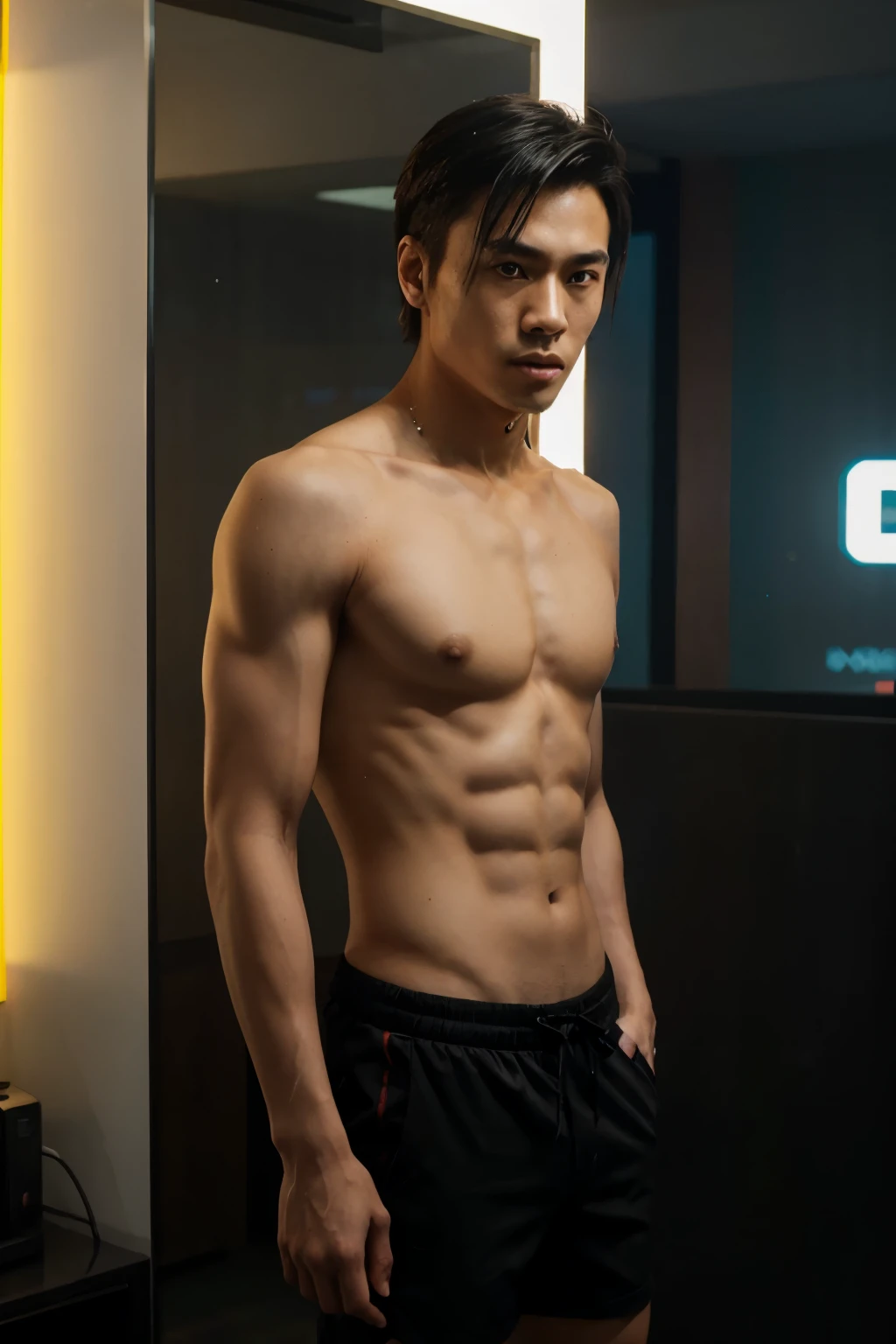 handsome young man,Take off your shirt.,Cyberpunk shorts,Asian people,teenager, Skinny body,no chest muscles, cyberpunk room backdrop