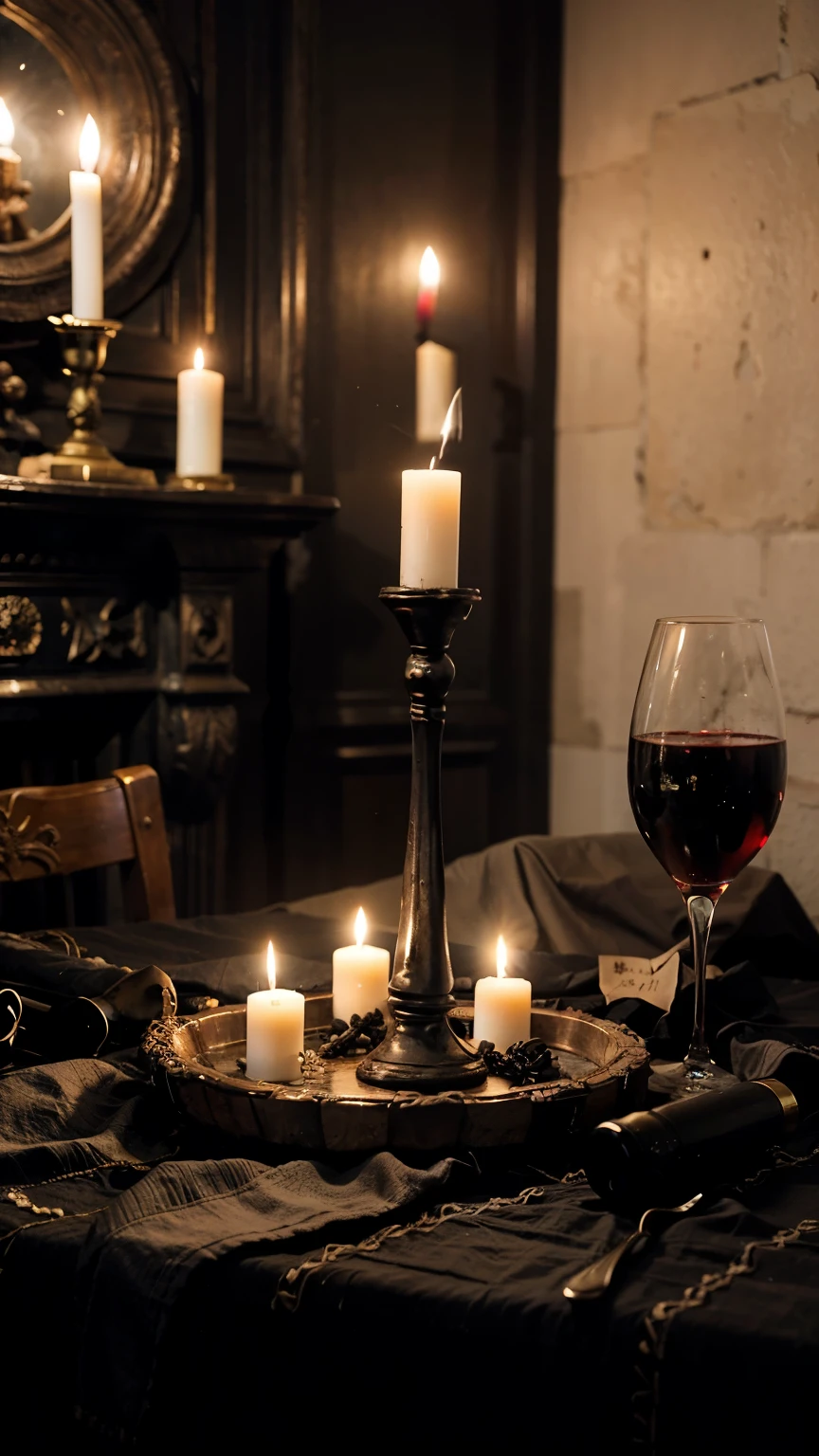 Um altar de Goetia ultra detalhado. There are goblets with wine, a small pyramid with a black mirror in the middle, magic symbols, candles burning in candlesticks. Alguns pratos com frutas. Garrafas de bebidas. Tudo isso, is on a table with a black tablecloth. 