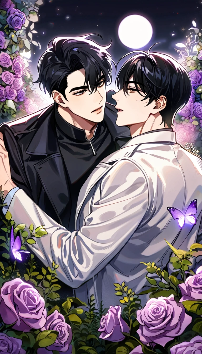 (absurdres, highres, ultra detailed, HDR) master piece, best quality, perfect face, straight black hair, Kim Dokja x Yoo Joonghyuk, expressive brown eyes, Omniscient reader's viewpoint, two sexy men together, gay couple, yaoi, handsome, moon, purple butterflies, purple roses, garden