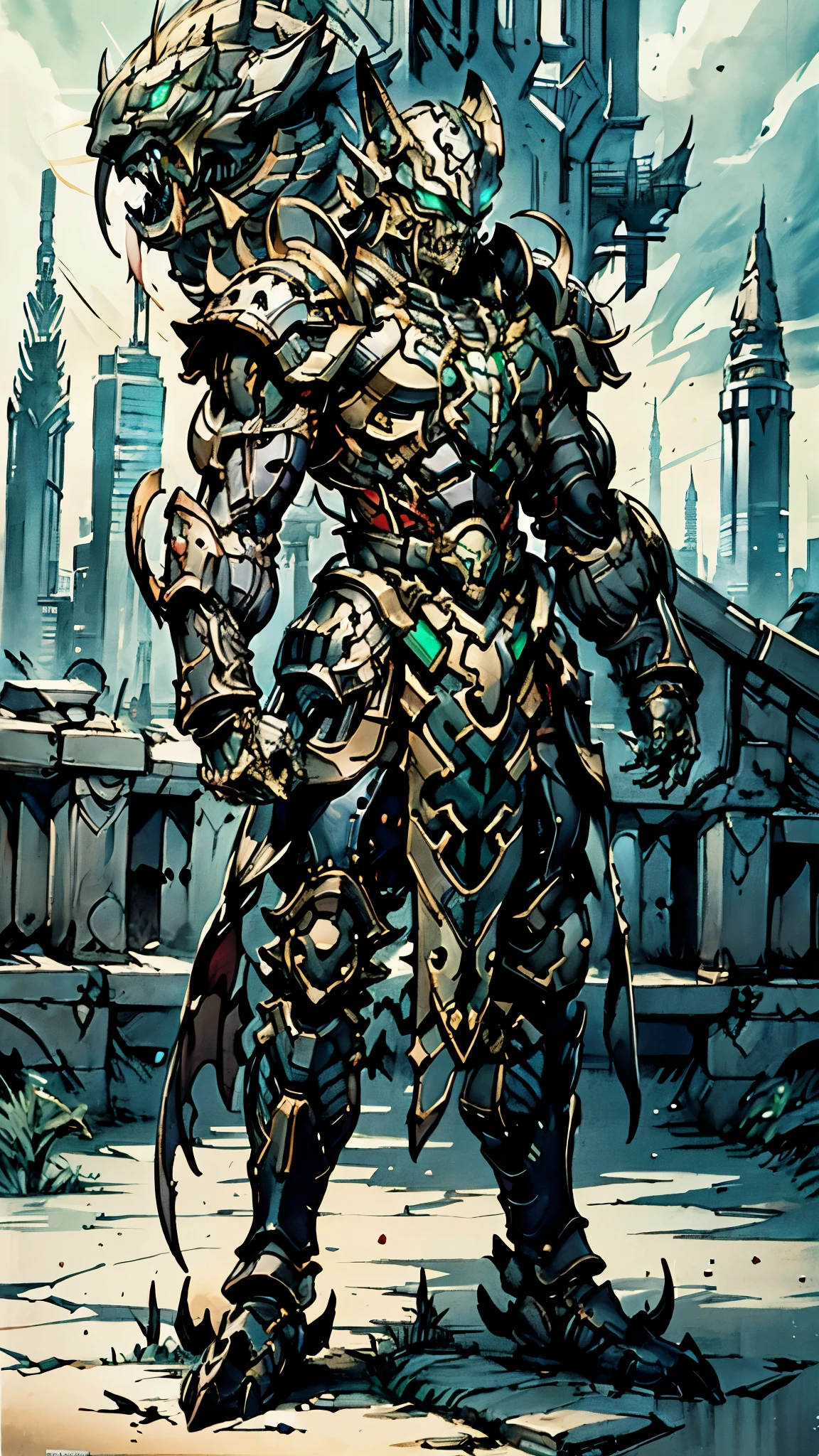 A man wearing a full-face helmet, a fantasy-style biotech armored combat suit, green eyes, (a composite layered chest armor), fully enclosed shoulder guards, matching arm and leg guards, the belt is adorned with fangs biting into gem, (the color scheme is primarily black with red accents), the design balances heavy with agility, a high-tech bio-mecha armor, (Armor Concept Inspired by Wolf, stand on the top of a skyscraper in a futuristic sci-fi city), this character embodies a finely crafted fantasy-surreal style armored hero in anime style, exquisite and mature manga art style, (element, plasma, energy, the armor glows), ((male:1.5)), metallic, real texture material, dramatic, high definition, best quality, highres, ultra-detailed, ultra-fine painting, extremely delicate, professional, perfect body proportions, golden ratio, anatomically correct, symmetrical face, extremely detailed eyes and face, high quality eyes, creativity, RAW photo, UHD, 32k, Natural light, cinematic lighting, masterpiece-anatomy-perfect, masterpiece:1.5