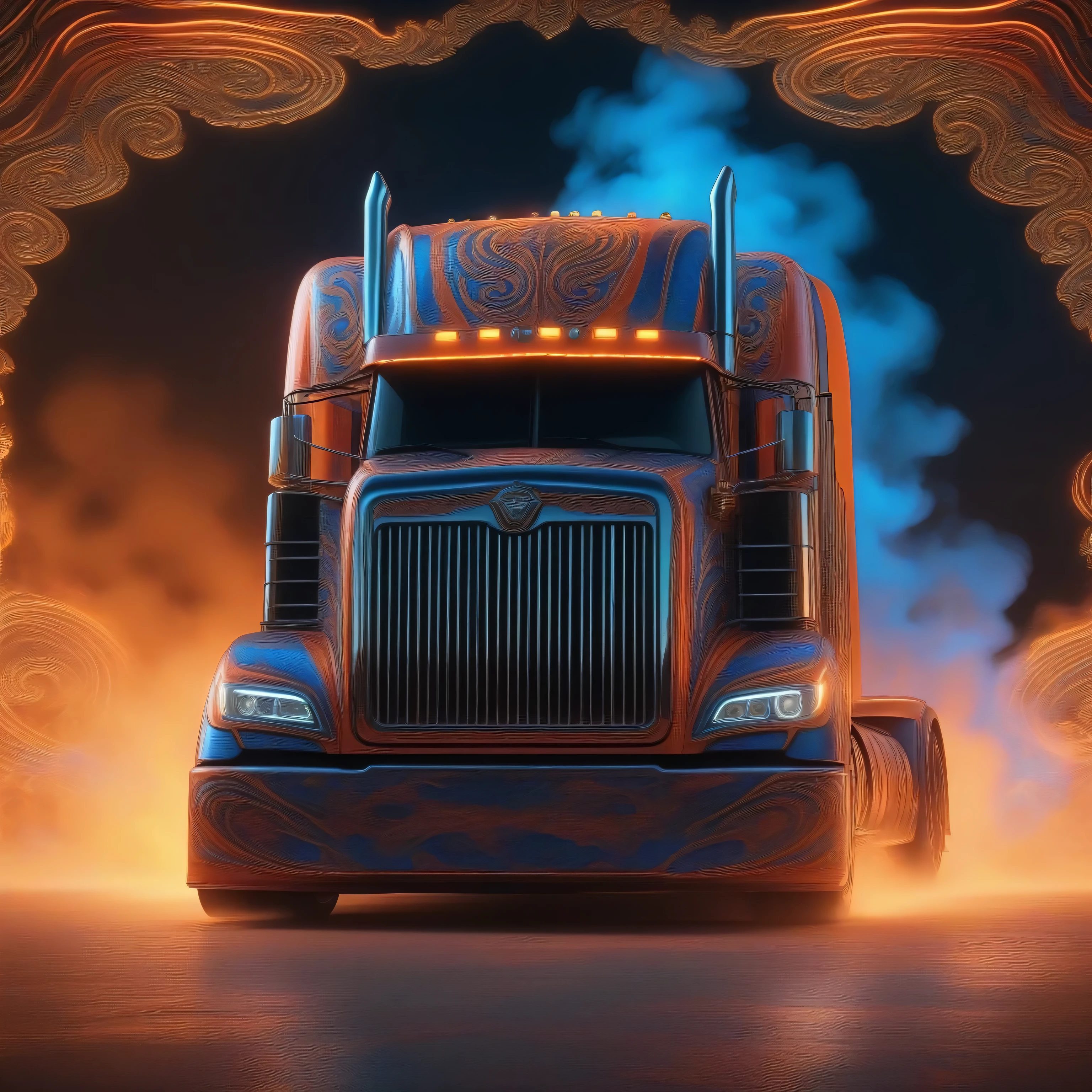 Words: " Truckers  Rule " on an symetrical 18-wheeler big truck, words: " Truckers  Rule " in background, beautiful, ornate, intricate details, spirals, smoke, unreal engine, octane rendering, cinematic, Full-length view, neon lighting,  realistic rendering, symetrical, glowing aura, 8k ultra realistic, red orange  blue flames, beveled borders diamond swirling effect deepbeveling 