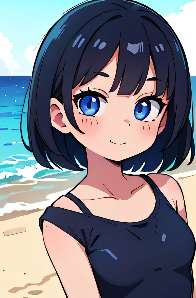 (Ultra bright color, Masterpiece, Best quality, blossom, Warm, soft light, modern, Hi-tech), 1 girl, One, in a swimsuit, (beach background:1.4), black T-shirt without print, beautiful detailed face, slight smile, (blue) Medium hair, (detailed (blue) Ruby eyes), young, small breasts