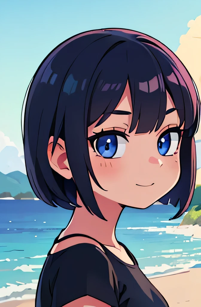 (Ultra bright color, Masterpiece, Best quality, blossom, Warm, soft light, modern, Hi-tech), 1 girl, One, in a swimsuit, (beach background:1.4), black T-shirt without print, beautiful detailed face, slight smile, (blue) Medium hair, (detailed (blue) Ruby eyes), young, small breasts