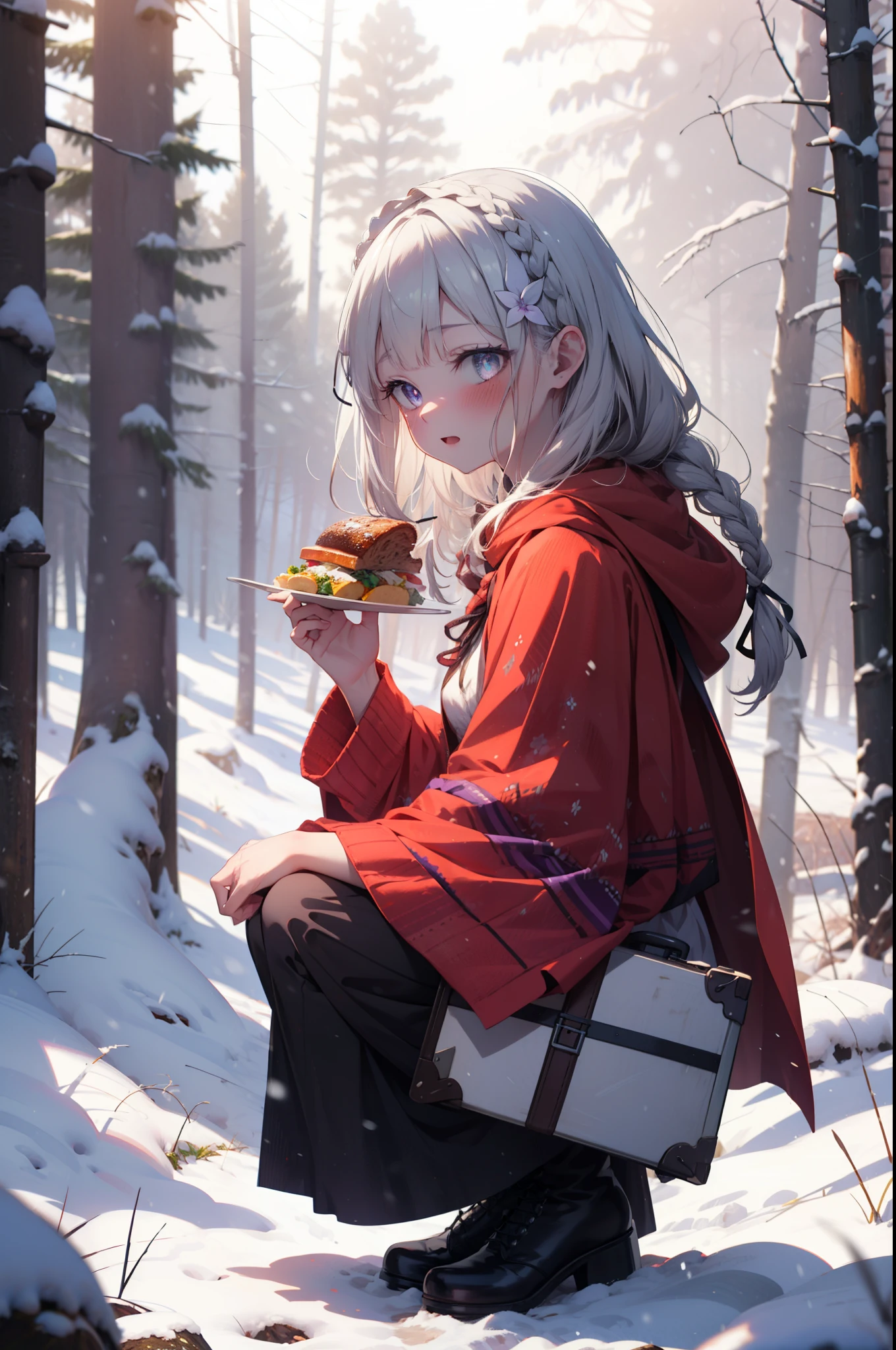 Emilia, Braiding, crown Braiding, flower, hair flower, hair ornaments, hair ribbon, Long Hair, Pointed Ears, (Purple eyes:1.2), Gray Hair, x hair ornaments,smile,blush,White Breath,
Open your mouth,snow,Ground bonfire, Outdoor, boots, snowing, From the side, wood, suitcase, Cape, Blurred, having meal, forest, White handbag, nature,  Squat, Mouth closed, Cape, winter, Written boundary depth, Black shoes, red Cape break looking at viewer, Upper Body, whole body, break Outdoor, forest, nature, break (masterpiece:1.2), highest quality, High resolution, unity 8k wallpaper, (shape:0.8), (Beautiful and beautiful eyes:1.6), Highly detailed face, Perfect lighting, Highly detailed CG, (Perfect hands, Perfect Anatomy),