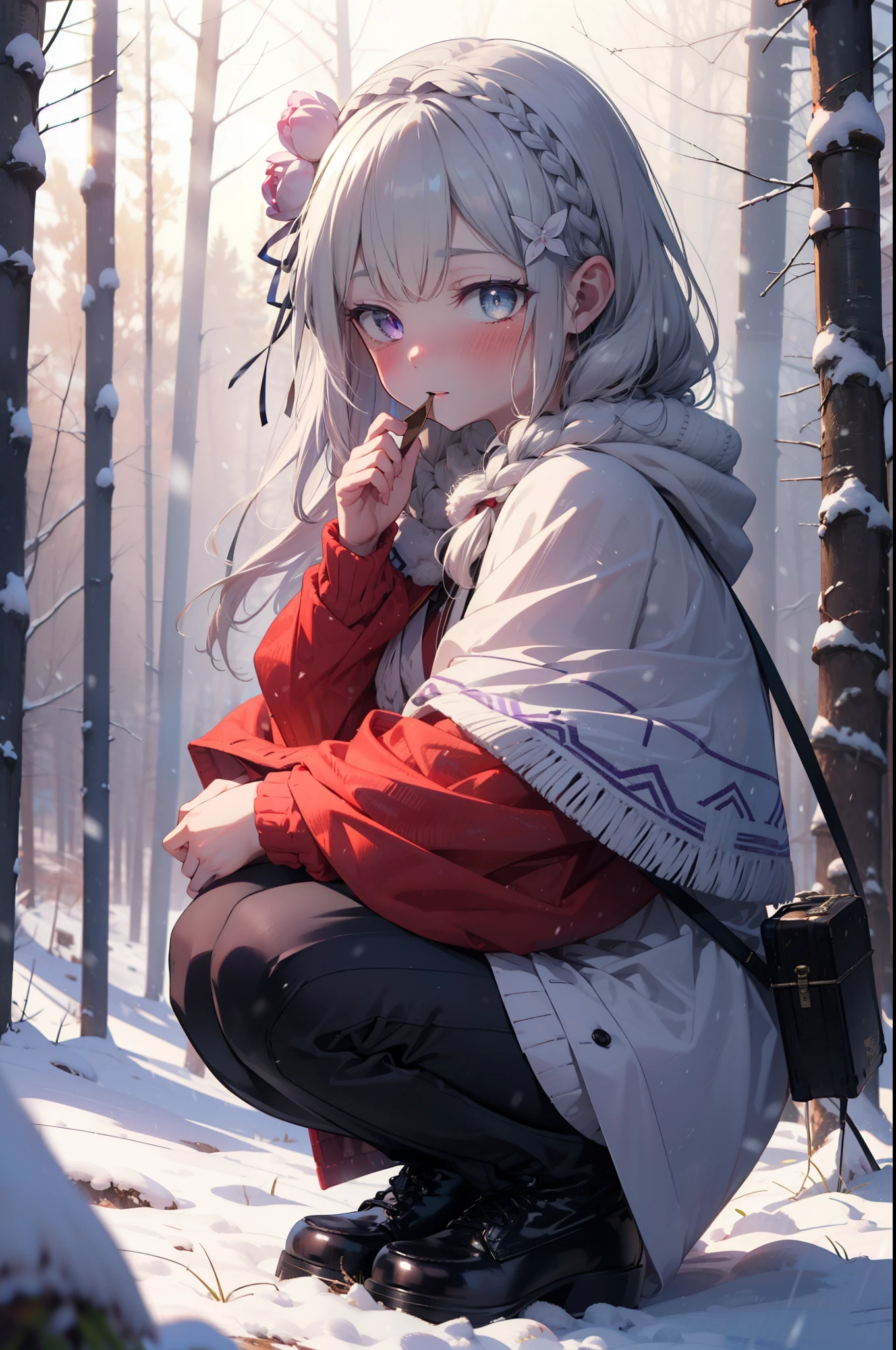 Emilia, Braiding, crown Braiding, flower, hair flower, hair ornaments, hair ribbon, Long Hair, Pointed Ears, (Purple eyes:1.2), Gray Hair, x hair ornaments,smile,blush,White Breath,
Open your mouth,snow,Ground bonfire, Outdoor, boots, snowing, From the side, wood, suitcase, Cape, Blurred, having meal, forest, White handbag, nature, Squat, Mouth closed, Cape, winter, Written boundary depth, Black shoes, red Cape break looking at viewer, Upper Body, whole body, break Outdoor, forest, nature, break (masterpiece:1.2), highest quality, High resolution, unity 8k wallpaper, (shape:0.8), (Beautiful and beautiful eyes:1.6), Highly detailed face, Perfect lighting, Highly detailed CG, (Perfect hands, Perfect Anatomy),