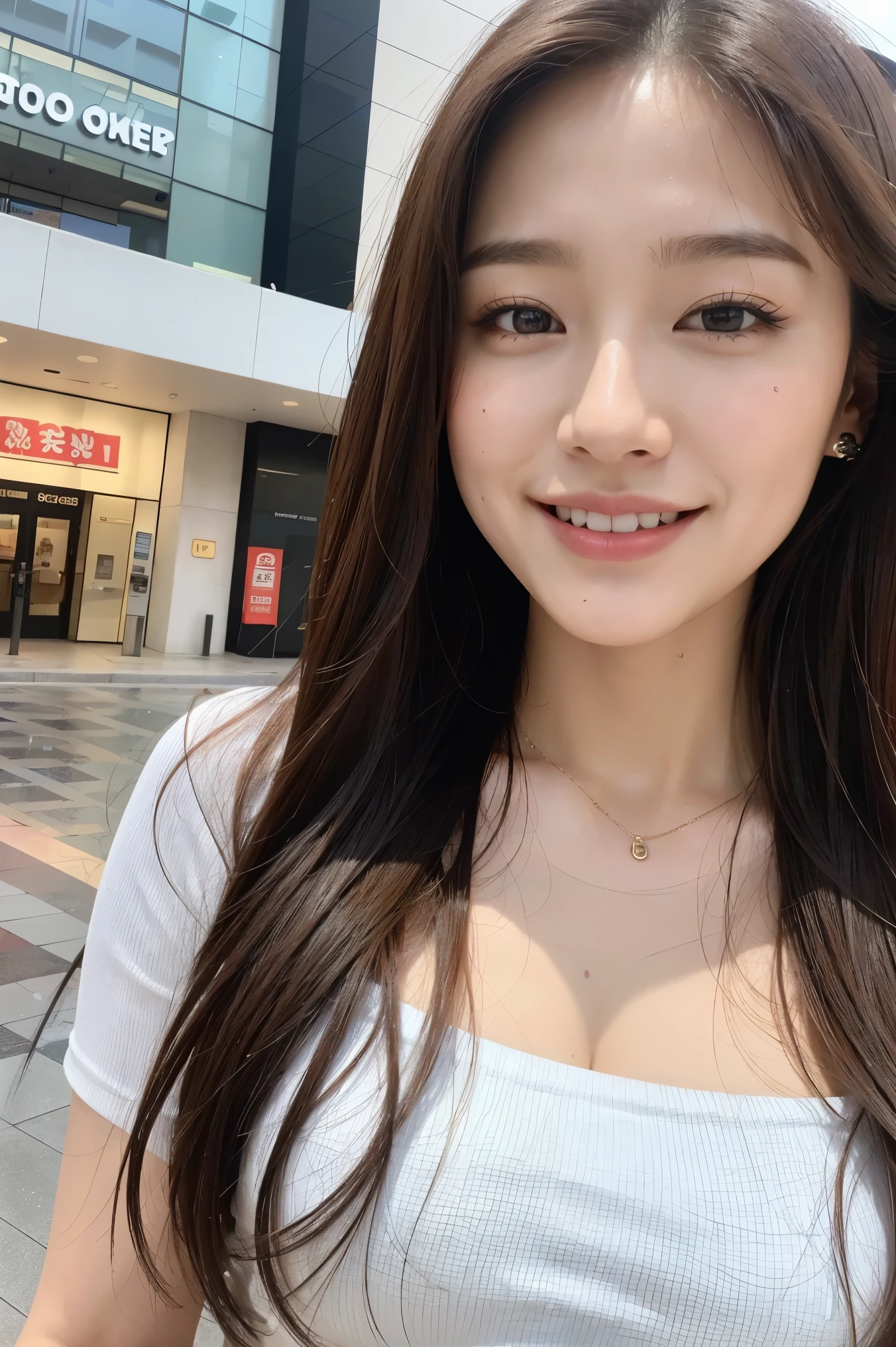 (8K), (Best Quality: 1.2), (Realistic), (Photorealistic: 1.37), Ultra High Definition, 1 Girl, Cute, Smile, Closed Mouth, Beautiful Details, Beautiful Nose, Full Body, Wet Hair, Colossal Dalsefo, Pork, , Thighs, shopping mall