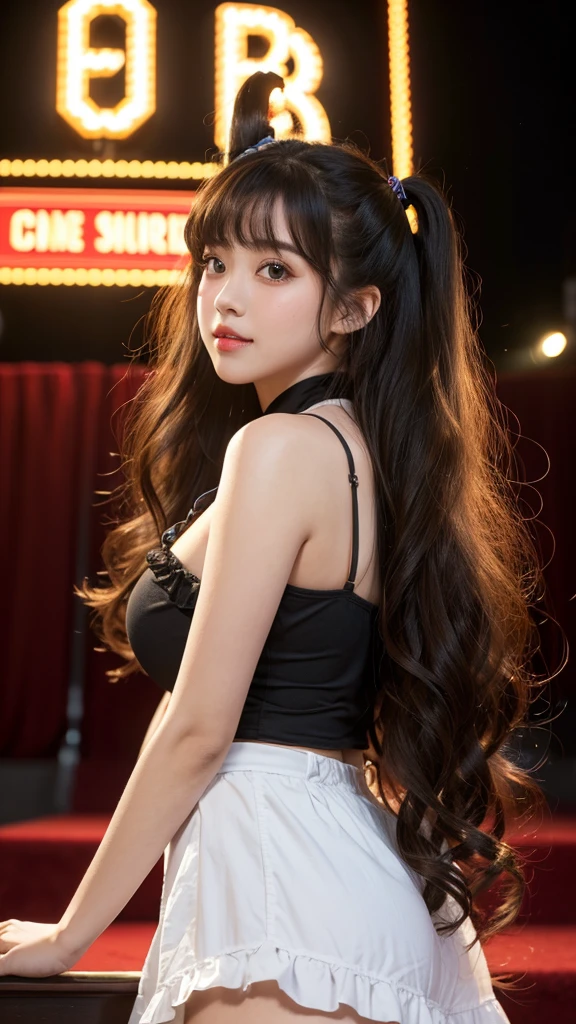 highest quality,woman,Big twin tails,Blunt bangs,Curly Hair,Soft wavy hairstyle,bright、Has a lively expression,Healthy and bright skin tone,Thick lips,From below,whole body,Looking at the camera,Cinema Lighting,Western-style building,Big Breasts,Cinema Lighting,Gothic&Lolita,Idol singer,Stage Costumes,