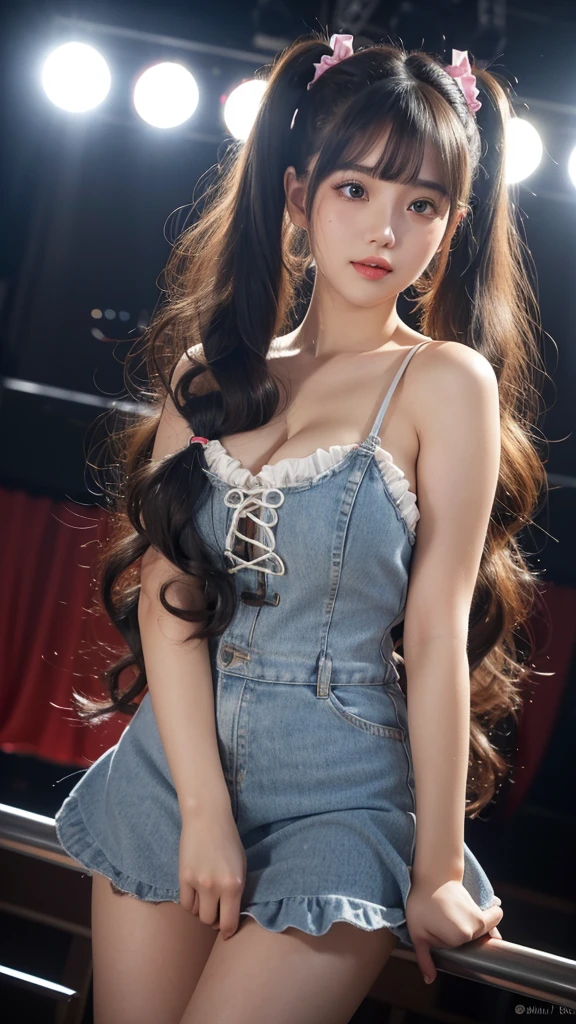 highest quality，woman，Big twin tails，Blunt bangs，Curly Hair，Soft wavy hairstyle，bright、Has a lively expression，Healthy and bright skin tone，Thick lips，From below，whole body，Looking at the camera，Cinema Lighting，Western-style building，Big Breasts，Cinema Lighting，Gothic&Lolita，Idol singer，Stage Costumes，