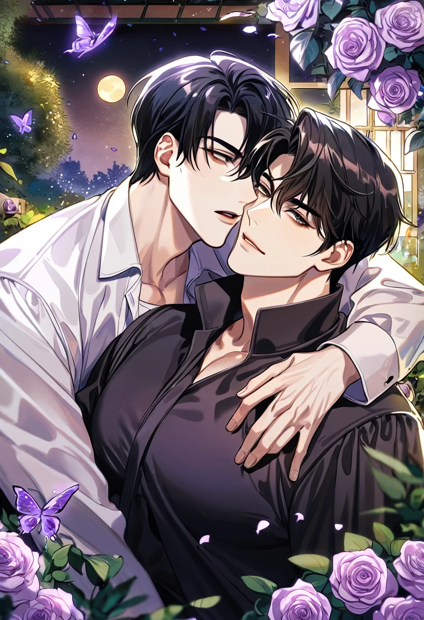 (absurdres, highres, ultra detailed, HDR) master piece, best quality, perfect face, straight black hair, Kim Dokja x Yoo Joonghyuk, expressive brown eyes, Omniscient reader's viewpoint, two sexy men together, gay couple, yaoi, handsome, moon, purple butterflies, purple roses, garden