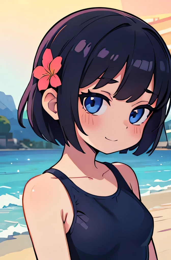 (Ultra bright color, Masterpiece, Best quality, blossom, Warm, soft light, modern, Hi-tech), 1 girl, One, in a swimsuit, (beach background:1.4), full lenght black T-shirt without print, beautiful detailed face, slight smile, (blue) Medium hair, (detailed (blue) Ruby eyes), young, small breasts