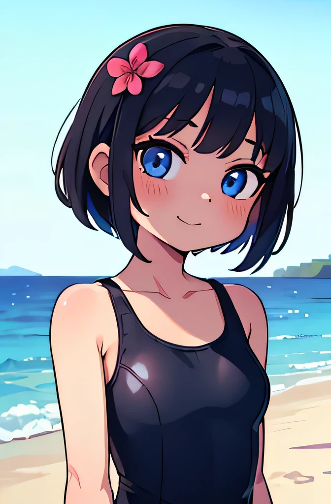 (Ultra bright color, Masterpiece, Best quality, blossom, Warm, soft light, modern, Hi-tech), 1 girl, One, in a swimsuit, (beach background:1.4), full lenght black T-shirt without print, beautiful detailed face, slight smile, (blue) Medium hair, (detailed (blue) Ruby eyes), young, small breasts