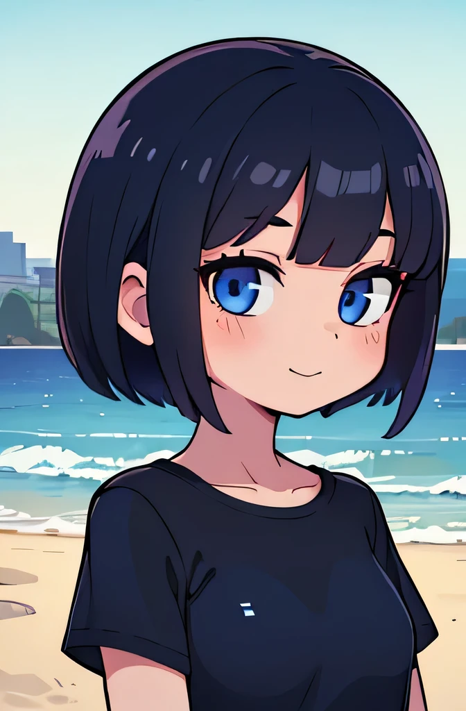 (Ultra bright color, Masterpiece, Best quality, blossom, Warm, soft light, modern, Hi-tech), 1 girl, One, in a swimsuit, (beach background:1.4), full lenght black T-shirt without print, beautiful detailed face, slight smile, (blue) Medium hair, (detailed (blue) Ruby eyes), young, small breasts