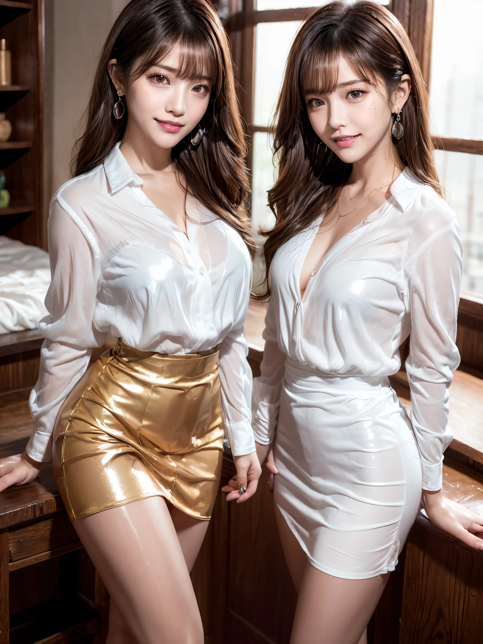 (masterpiece:1.5), High resolution, Super detailed, Highly detailed 16k wallpaper, RAW Photos, Beautifully detailed face, Realistic skin, Detailed cloth texture, Detailed hair texture, Perfect Proportions, Beautiful Face, Accurate, Anatomically correct, Highly detailed face and skin texture, Natural neck length, (Beautiful Hands), (Fair skin:1.2), Thin legs, Thin legs, Sexy thighs, Fine grain, Symmetrical eyes, Light brown eyes, double eyelid, Thin eyebrows, (Glossy Lips:1.4), ((Cute smile:1.2)), (Classy and cute woman:1.3), (F cup breasts,), Beautiful breasts, (Cleavage:1.3), (Slim figure:1.2), ((Brown Hair, Long Hair, Asymmetrical bangs:1.2)), (Upper Body Shot:1.2), (View your viewers:1.2), from the front, Diamond Earrings, Diamond Necklace, Lip gloss, Dense beautiful lashes, 非常に精巧に作られた美しいdouble eyelid、Highly detailed and beautiful transparent eyes, ((Tabletop)),Highly detailed and beautiful perfect body、(bare hands、barefoot), ((Looking at the audience)), (Oily skin:1.8), Glowing Skin、 (((A shirt made of shiny, see-through material:1.3)), (Deep V-neck:1.3), Skin-tight clothing、Check flare mini skirt