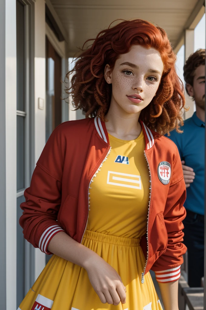 A 21 year old woman A mix of Polish, Swiss, and French descent, Stacey has curly red hair, freckles across her nose, and a build. She dresses in bold colors and patterns, embodying her outgoing and infectious energy, cheerleader , slender, athletic, cute dress, modest, jacket