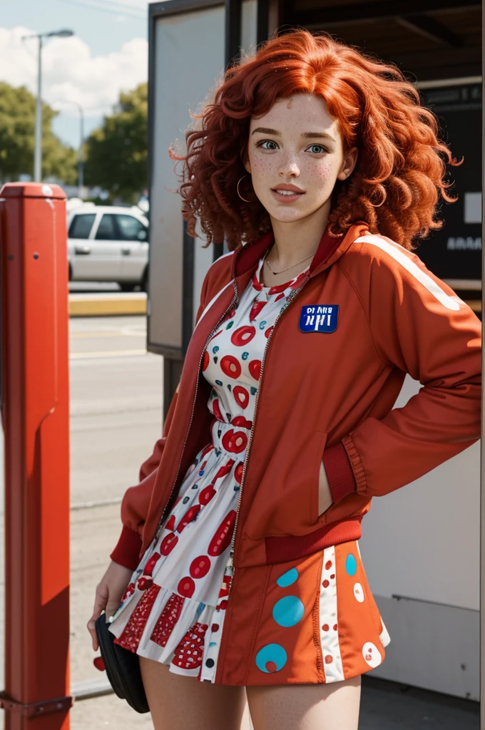 A 21 year old woman A mix of Polish, Swiss, and French descent, Stacey has curly red hair, freckles across her nose, and a  build. She dresses in bold colors and patterns, embodying her outgoing and infectious energy, cheerleader , slender, athletic, cute dress, modest, jacket