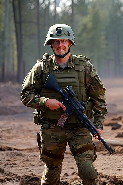 best quality, masterpiece, portrait of opt-parisberelc2020s, holding an m16 rifle, dressed in camouflage military fatigues and helmet, muddy, on muddy battlefield