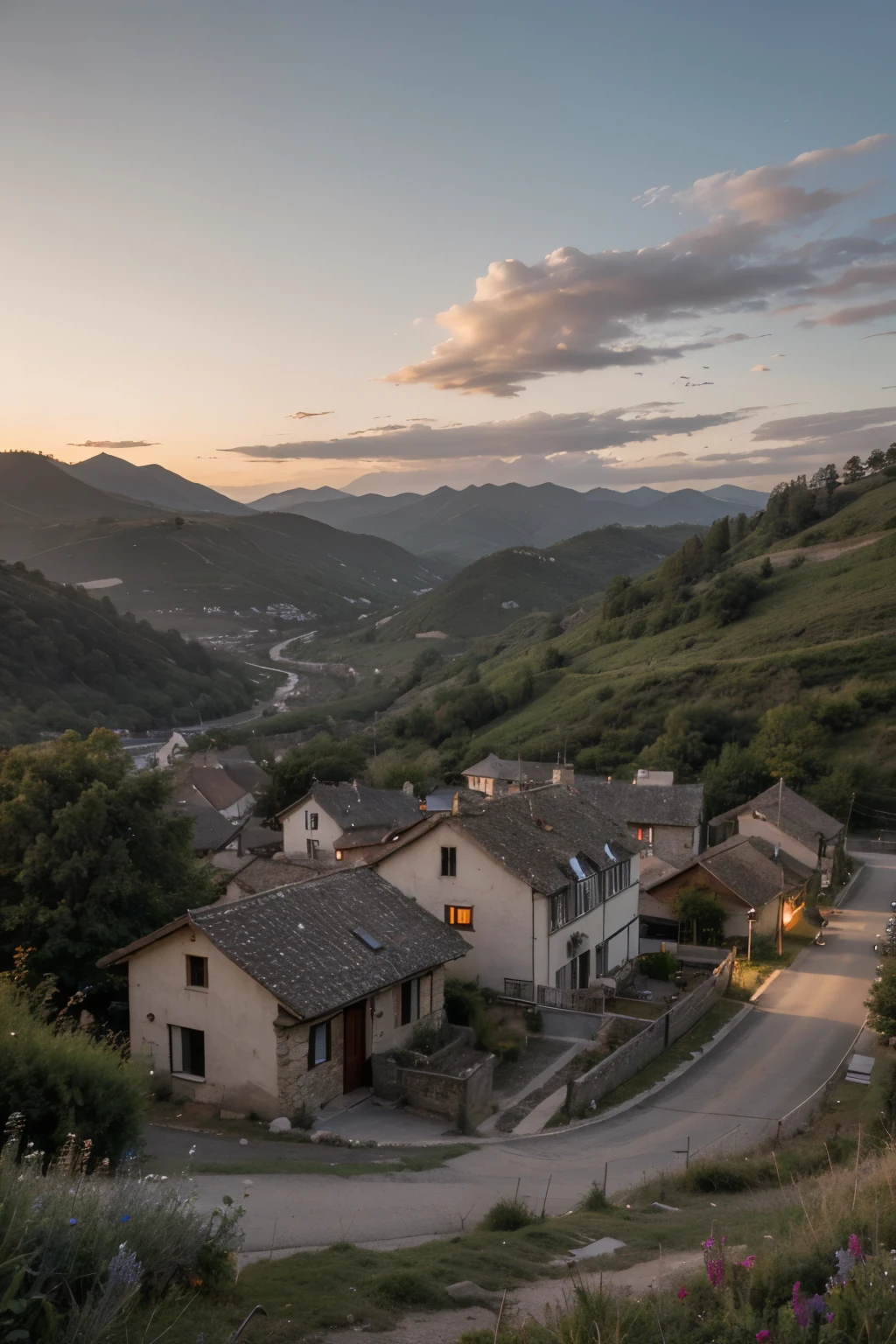 ((best quality)), ((masterpiece)), (detailed), Landscape, dusk, mountain, distance is a small village