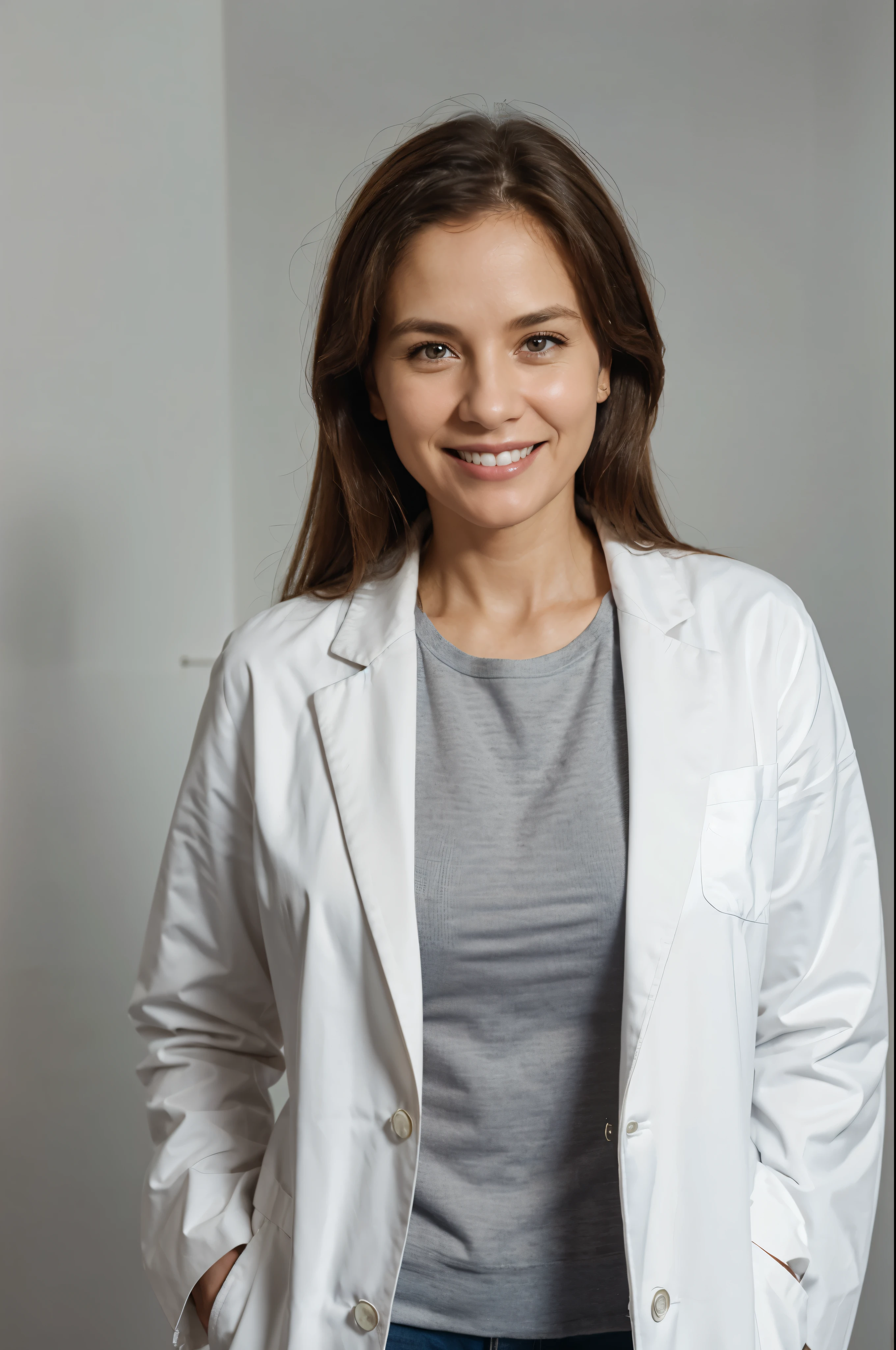 Dentist, mulher, casaco branco, fundo plano, studio lighting, Professional appearance, cabelo amarrado, 50 anos, Tiro certeiro, sorridente, hands in pocket