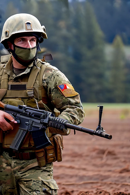 best quality, masterpiece, portrait of opt-parisberelc2020s, holding an m16 rifle, dressed in camouflage military fatigues and helmet, muddy, on muddy battlefield