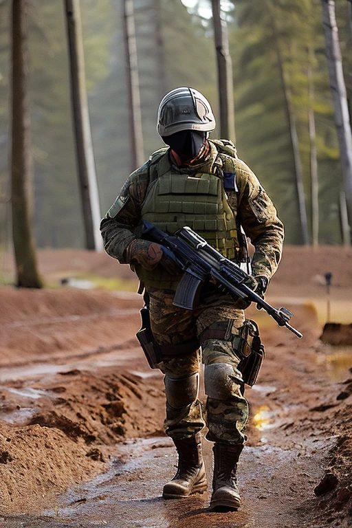 best quality, masterpiece, portrait of opt-parisberelc2020s, holding an m16 rifle, dressed in camouflage military fatigues and helmet, muddy, on muddy battlefield