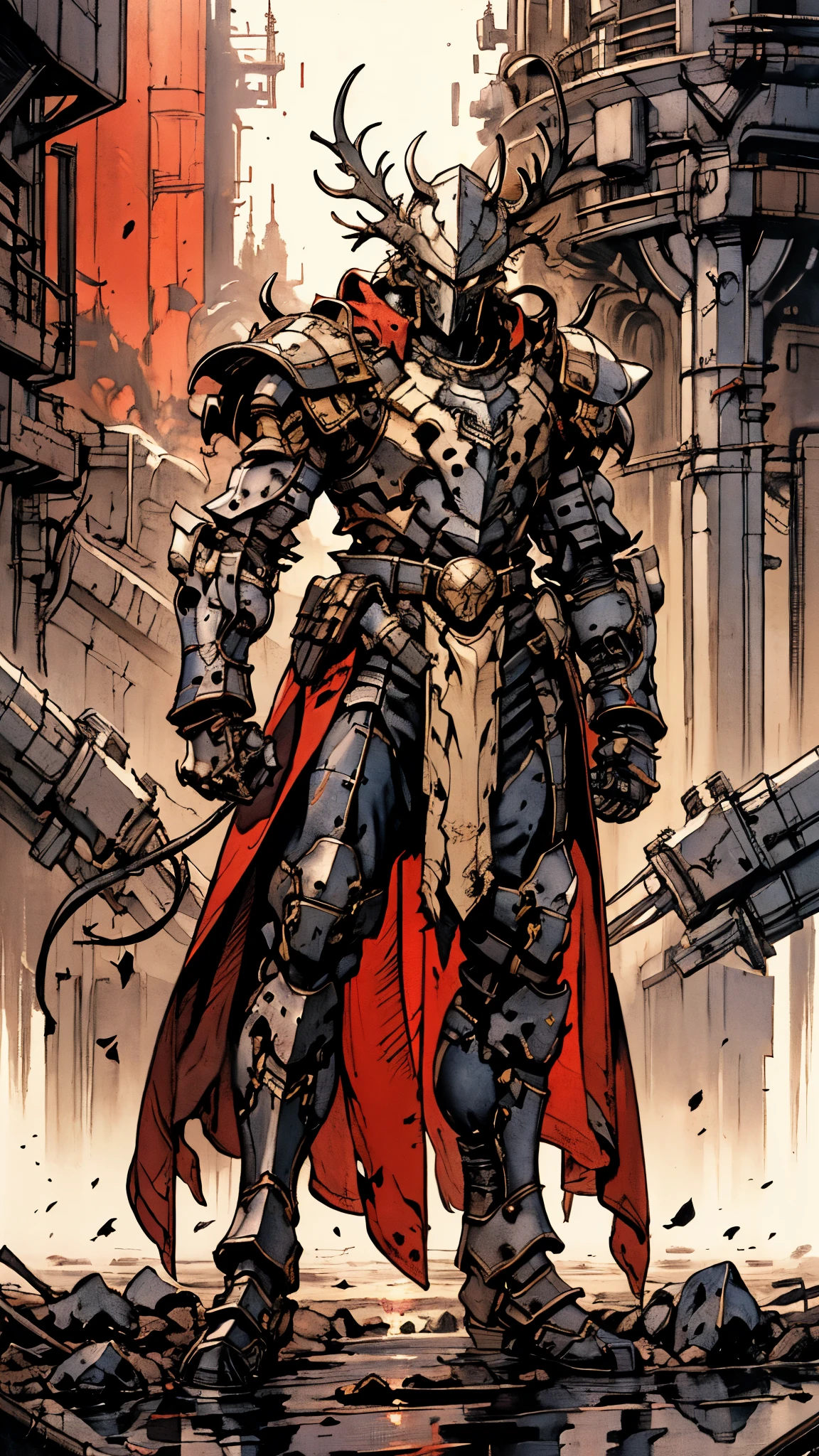 A man wearing a full-face helmet, a fantasy-style biotech armored combat suit, green eyes, (a composite layered chest armor), fully enclosed shoulder guards, matching arm and leg guards, the belt is adorned with fangs biting into gem, (the color scheme is primarily black with red accents), the design balances heavy with agility, a high-tech bio-mecha armor, (Armor Concept Inspired by Wolf, stand on the top of a skyscraper in a futuristic sci-fi city), this character embodies a finely crafted fantasy-surreal style armored hero in anime style, exquisite and mature manga art style, (element, plasma, energy, the armor glows), ((male:1.5)), metallic, real texture material, dramatic, high definition, best quality, highres, ultra-detailed, ultra-fine painting, extremely delicate, professional, perfect body proportions, golden ratio, anatomically correct, symmetrical face, extremely detailed eyes and face, high quality eyes, creativity, RAW photo, UHD, 32k, Natural light, cinematic lighting, masterpiece-anatomy-perfect, masterpiece:1.5