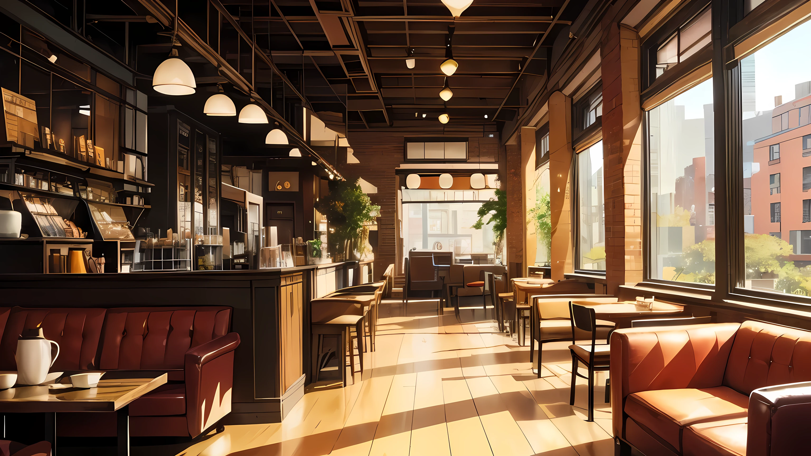 Stylish café, relaxing atmosphere, brick interior, sofas, empty, cat-friendly establishment, on a New York City street, warm sunlight, autumn atmosphere, anime-inspired, Studio Ghibli-esque.